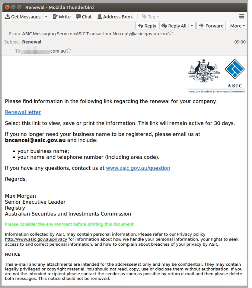 Alert Ransomware Hidden In Fake ASIC Renewal Notice